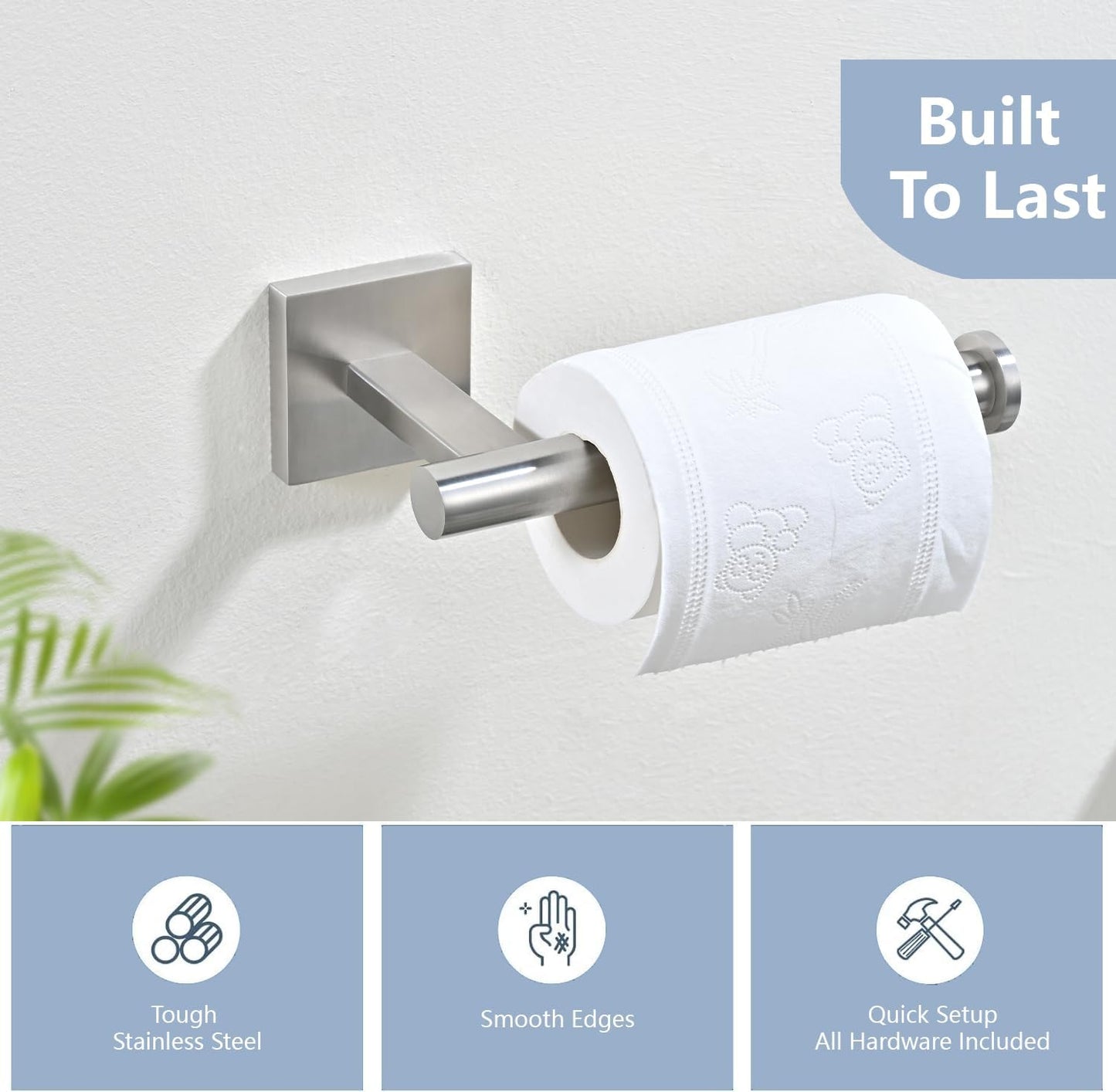 Brushed Nickel Bathroom Hardware Set, Toilet Paper Holder with 2 Square Towel Hooks, 3PCS SUS 304 Stainless Steel Set, Wall Mounted, Rust Resistant, Modern Fingerprint-Free Finish (Silvery)