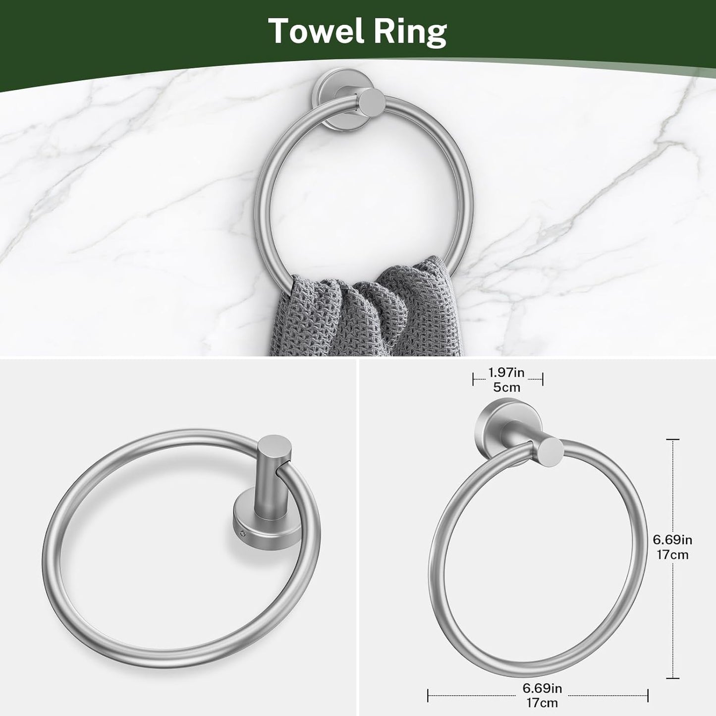 Brushed Nickel Bathroom Hardware Set,4-Piece Bathroom Accessories Set Include Towel Ring,Toilet Paper Holder and 2 Towel Hooks,Stainless Steel Wall-Mounted