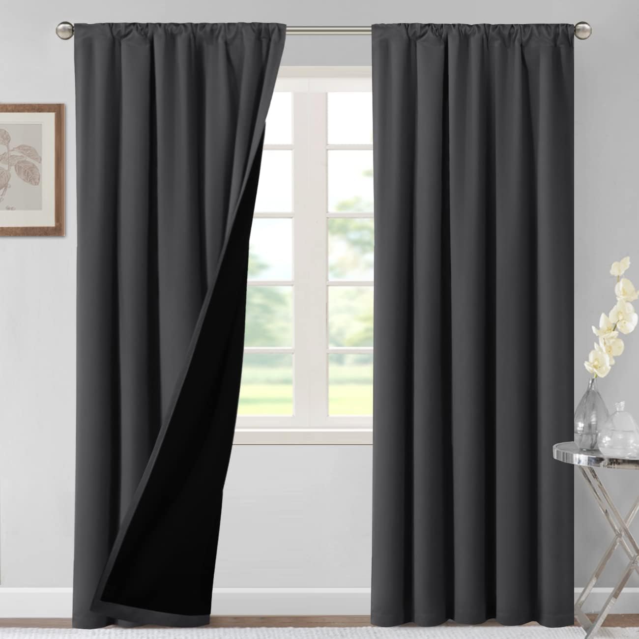H.VERSAILTEX 100% Blackout Curtains for Bedroom Thermal Insulated Blackout Curtains 96 Inches Long Rod Pocket/Clip Rings Curtains for Living Room with Black Liner 2 Panels, Charcoal Gray