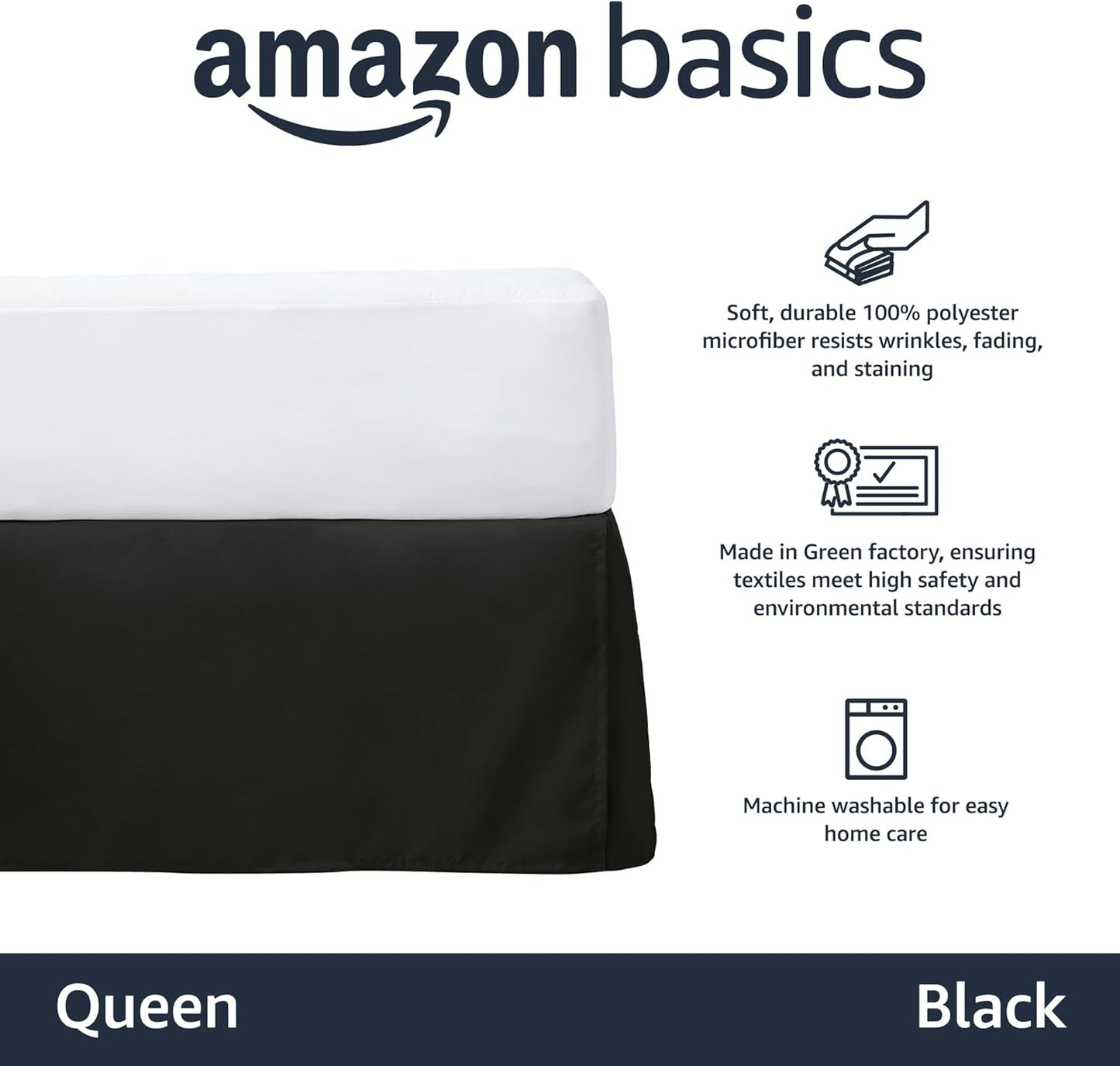 Amazon Basics Lightweight Pleated Bed Skirt, Queen, Black, Solid