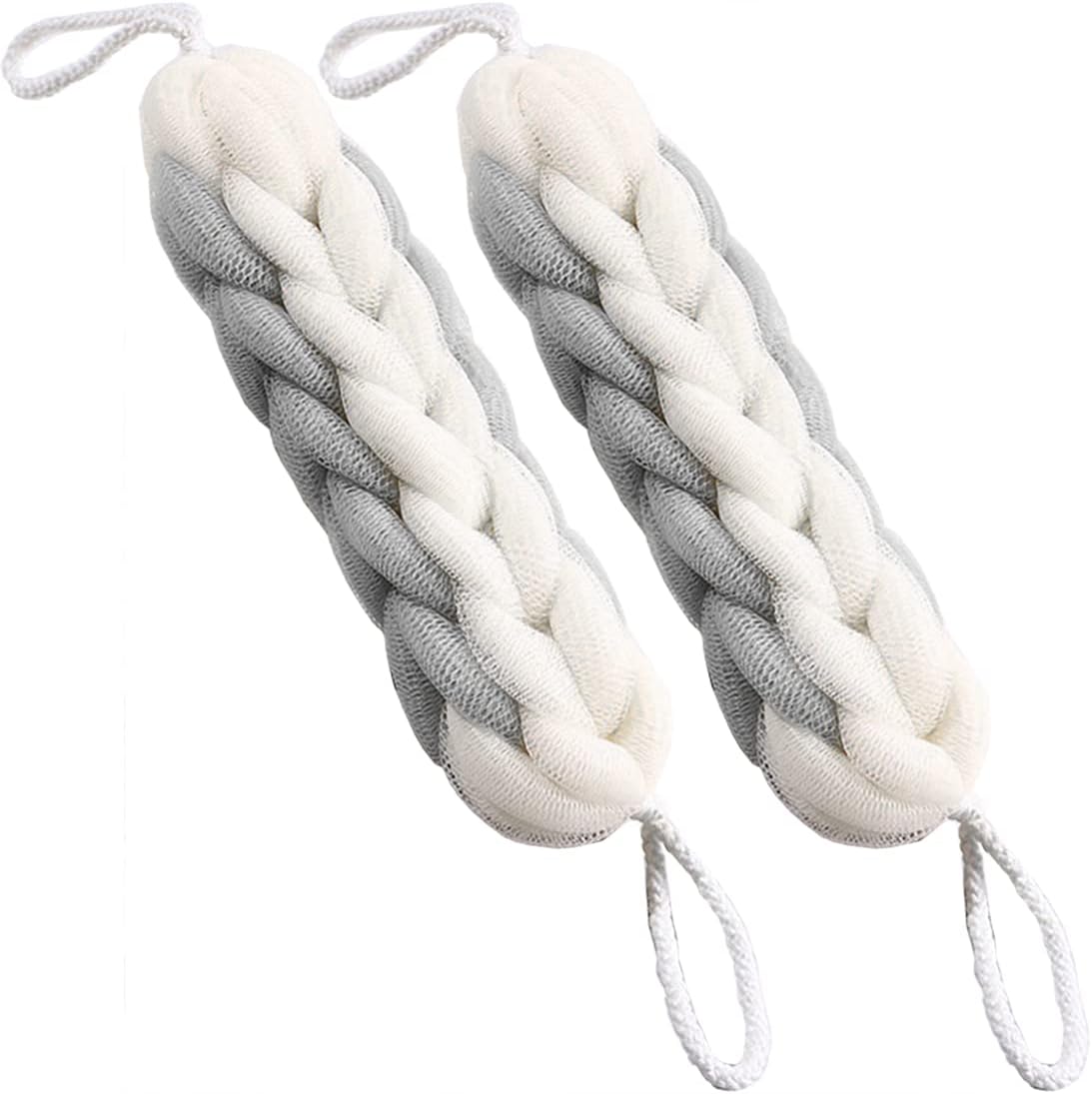 AARAINBOW 2 Packs Upgraded Long Stretch Back Sponge with Rope Handles Back Scrubber Bath Shower Mesh Sponge Exfoliating Body Scrub Stretch Braided Loofah for Men Women Loofah Rope (2 Gray)