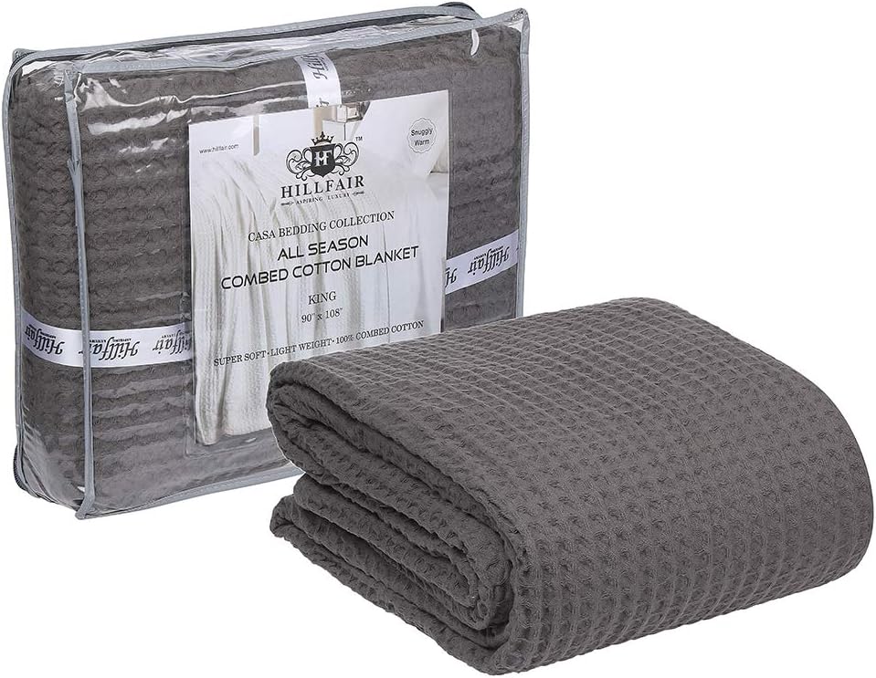 HILLFAIR 100% Combed Cotton Blanket– Queen Size Bed Blanket– Warm Soft All Season Breathable Lightweight Summer Blankets– Waffle Weave Home Decor Bed Blanket- Grey Queen Bed Cotton Blankets/Bedcover
