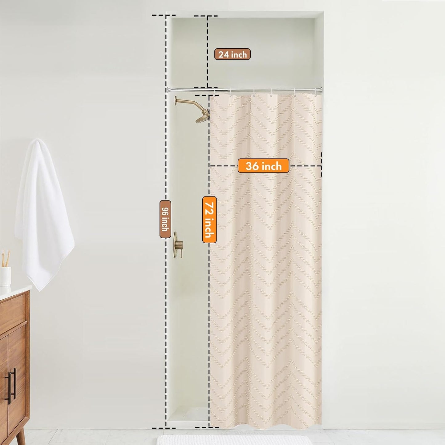 Small Stall Cream Boho Fabric Shower Curtain, 36x72 Half Size, Textured Tufted Chevron Striped Minimalist Cloth Bathroom Shower
