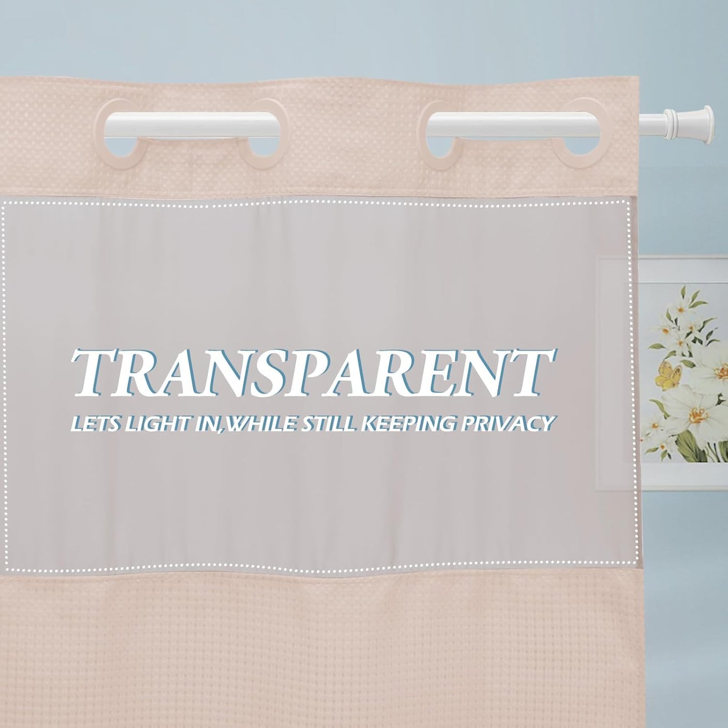 Blush Pink Stall No Hook Shower Curtain with Snap in Liner,230GSM Waffle Weave Shower Curtains for Bathroom,54W x 80H