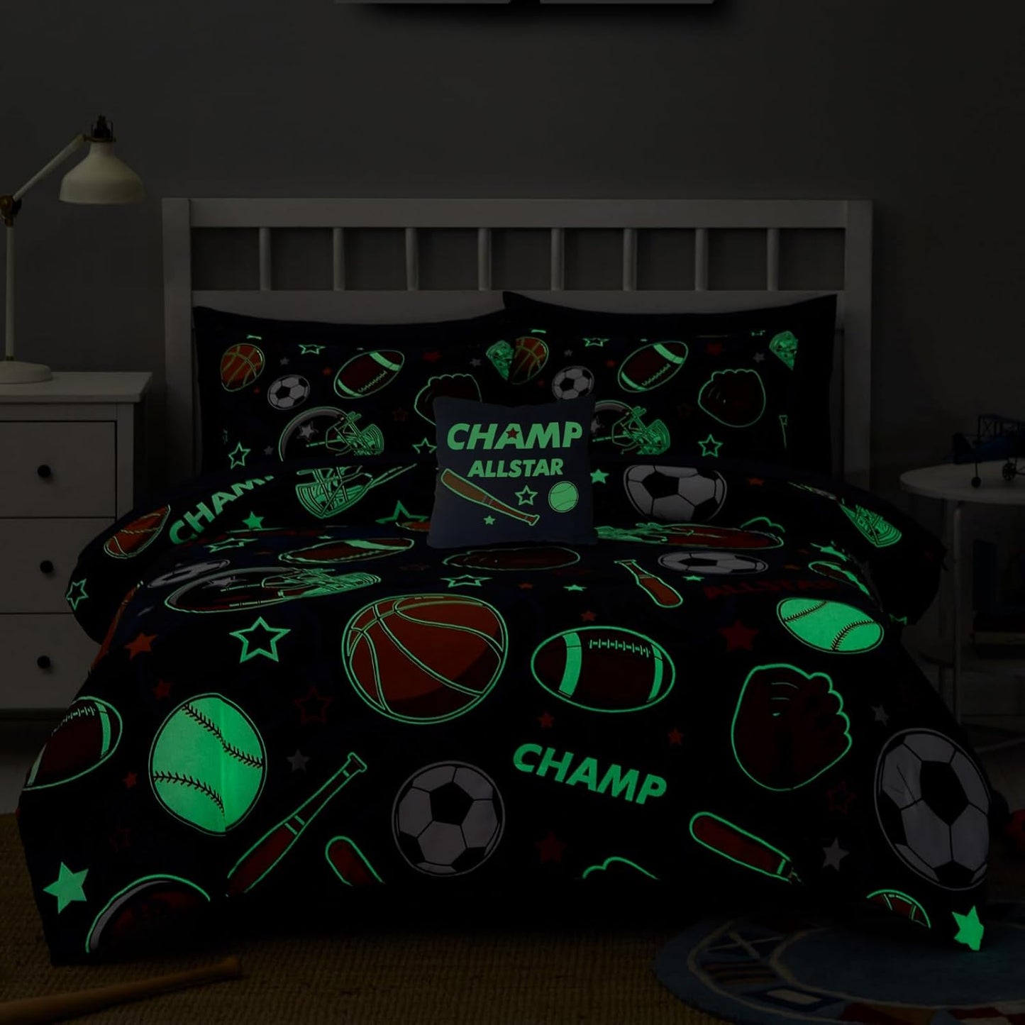 Kids Comforter Set Full Size for Boys, Glow in The Dark Ball Games Bedding Set 1 Comforter, 1 Decor Pillow, 2 Pillow Shams