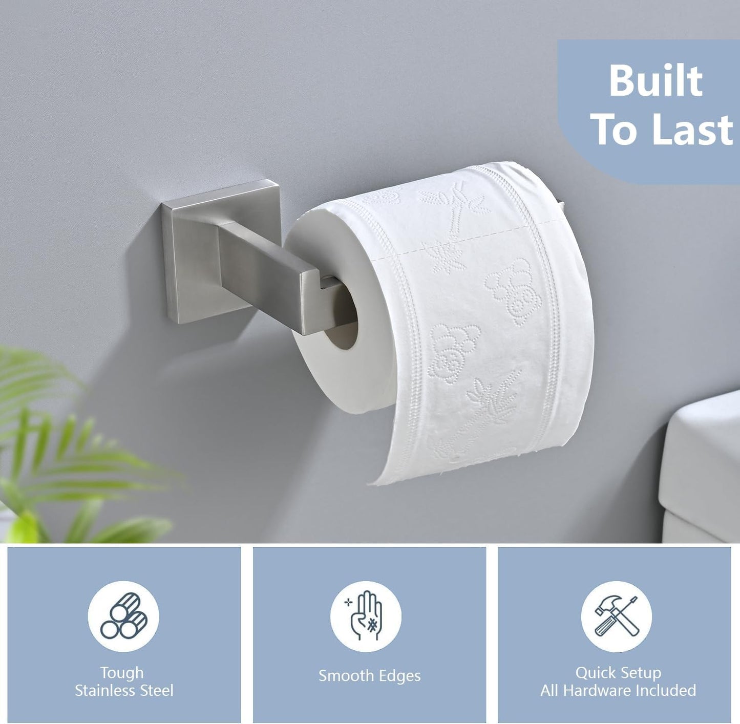 3PCS Bathroom Hardware Set, Brushed Nickel Toilet Paper Holder, 2 Square Towel Robe Hooks, SUS 304 Stainless Steel, Wall Mounted, Modern, Rust‑Resistant (Silvery)