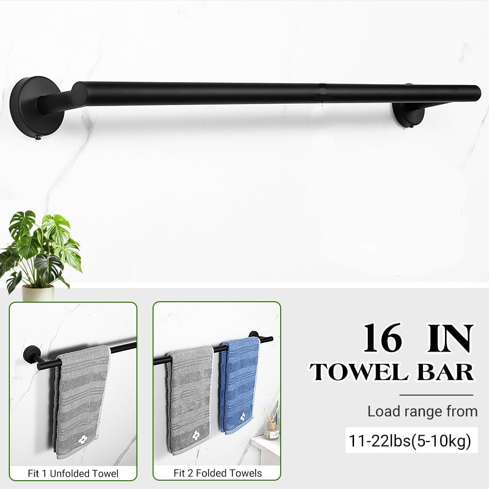 Matte Black Bathroom Towel Bar Set, 5-Piece Stainless Steel Hardware Bathroom Accessories, 16" Towel Racks for Bathroom Walls