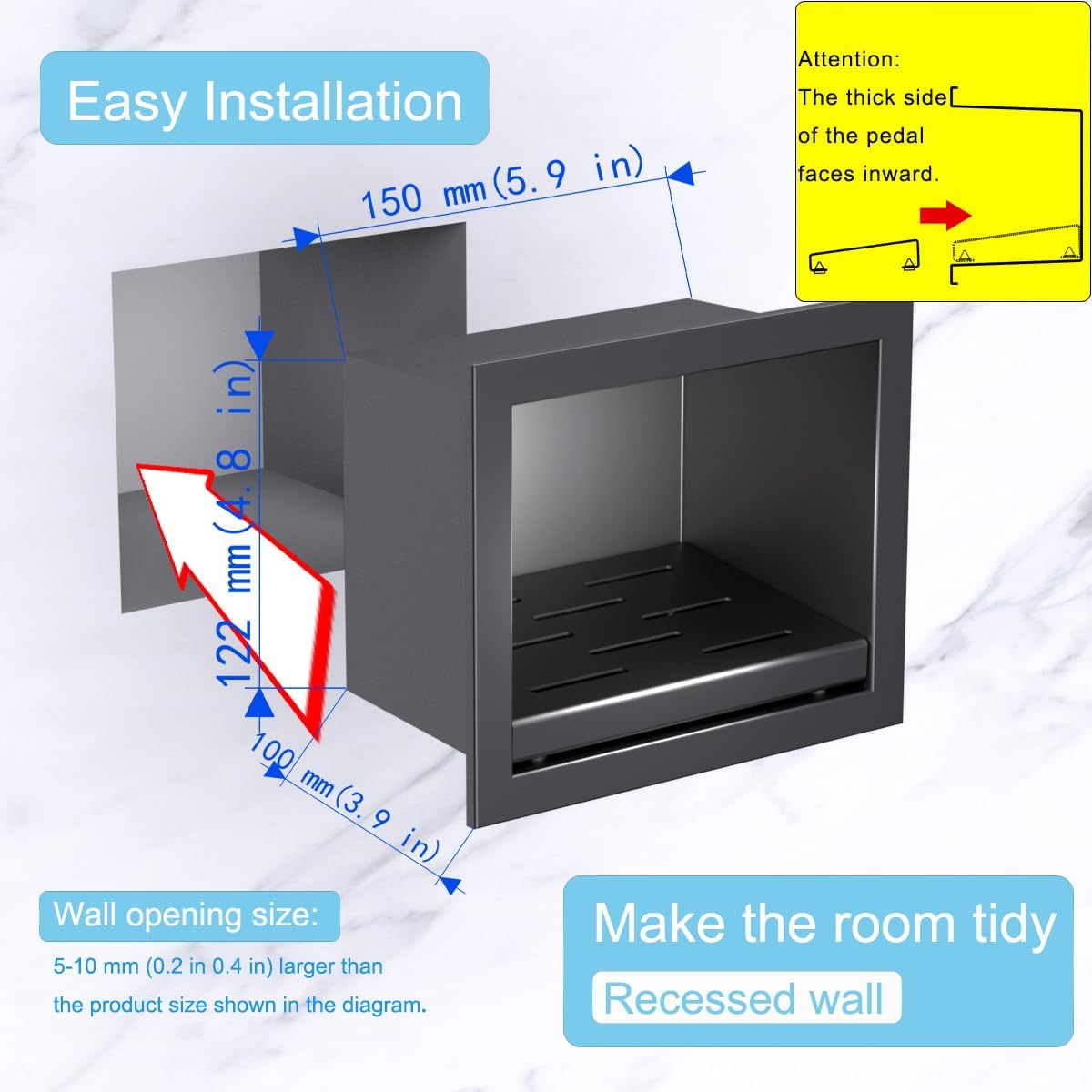 Recessed Wall Soap Holder for Shower Niche,Shower Foot Rest for Shave Legs,Stainless Steel 304 Footrest，Matte Black,5.9 in x 4.8 in x 3.9 in
