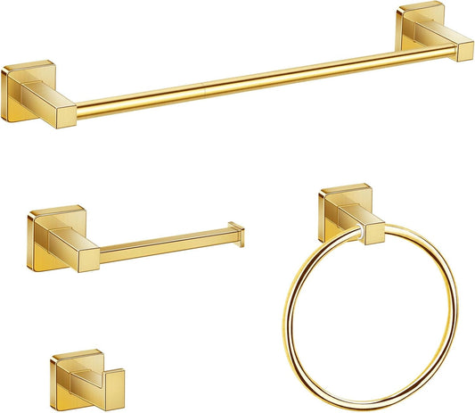 Bathroom Hardware Set 4 Pieces, Stainless Steel Gold Towel Bar Set, Includes 24In Towel Bar, Towel Ring, Robe Towel Hooks,Toilet Paper Holder, Bathroom Towel Rack Set