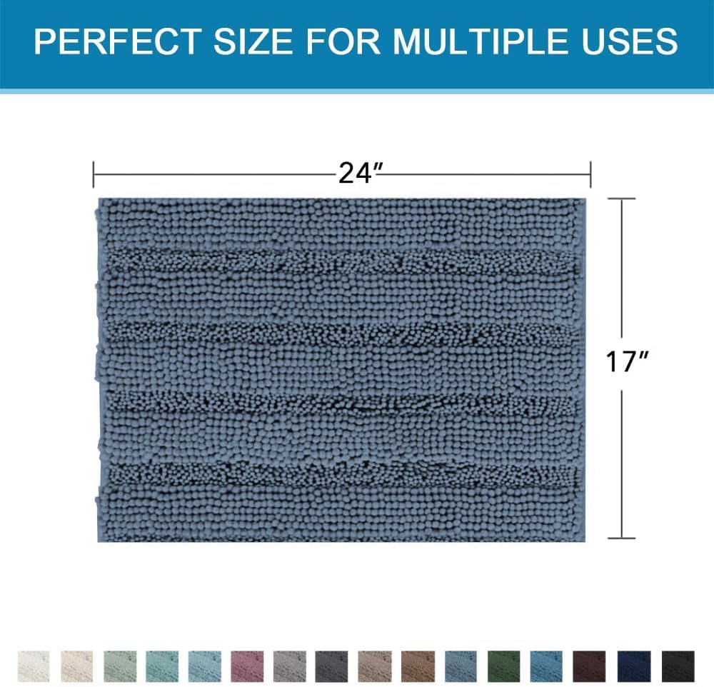 H.VERSAILTEX Bath Mats for Bathroom Non Slip Thick Chenille Striped Bath Rug Absorbent Fluffy Soft Shaggy Rugs Washable Dry Fast Plush Mats for Indoor, Bath Room, Tub - 17" x 24", Blue Indigo