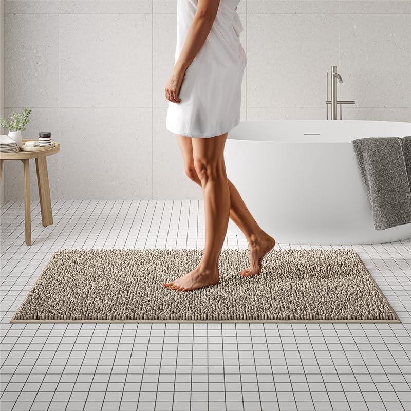 MAYSHINE Plush Shaggy Chenille Bath Mat | Extra Soft, Super Absorbent, Non-Slip Bathroom Rug | Fluffy Microfiber, Area Rug Sets for Bathroom Floor, Kitchen, Living Room | 59"x31" | Beige