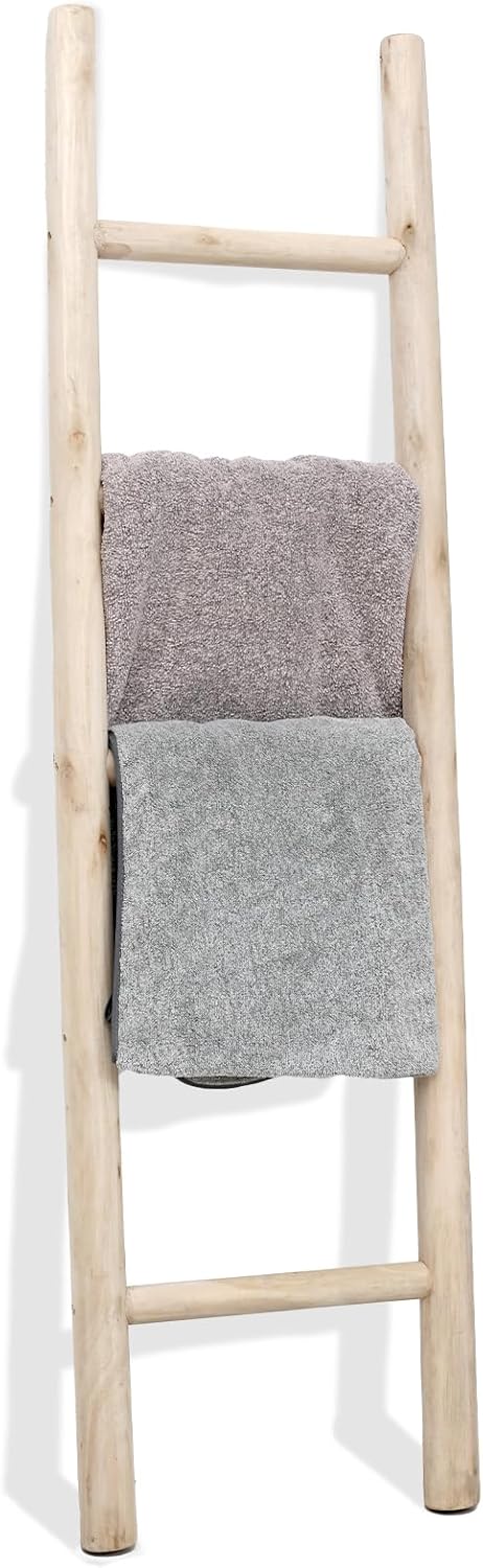 FUIN 57in Wood Blanket Ladder Living Room Decorative Wall Leaning Farmhouse Quilt Display Holder Rustic Wooden Towel Rack for Bathroom, Unfinished