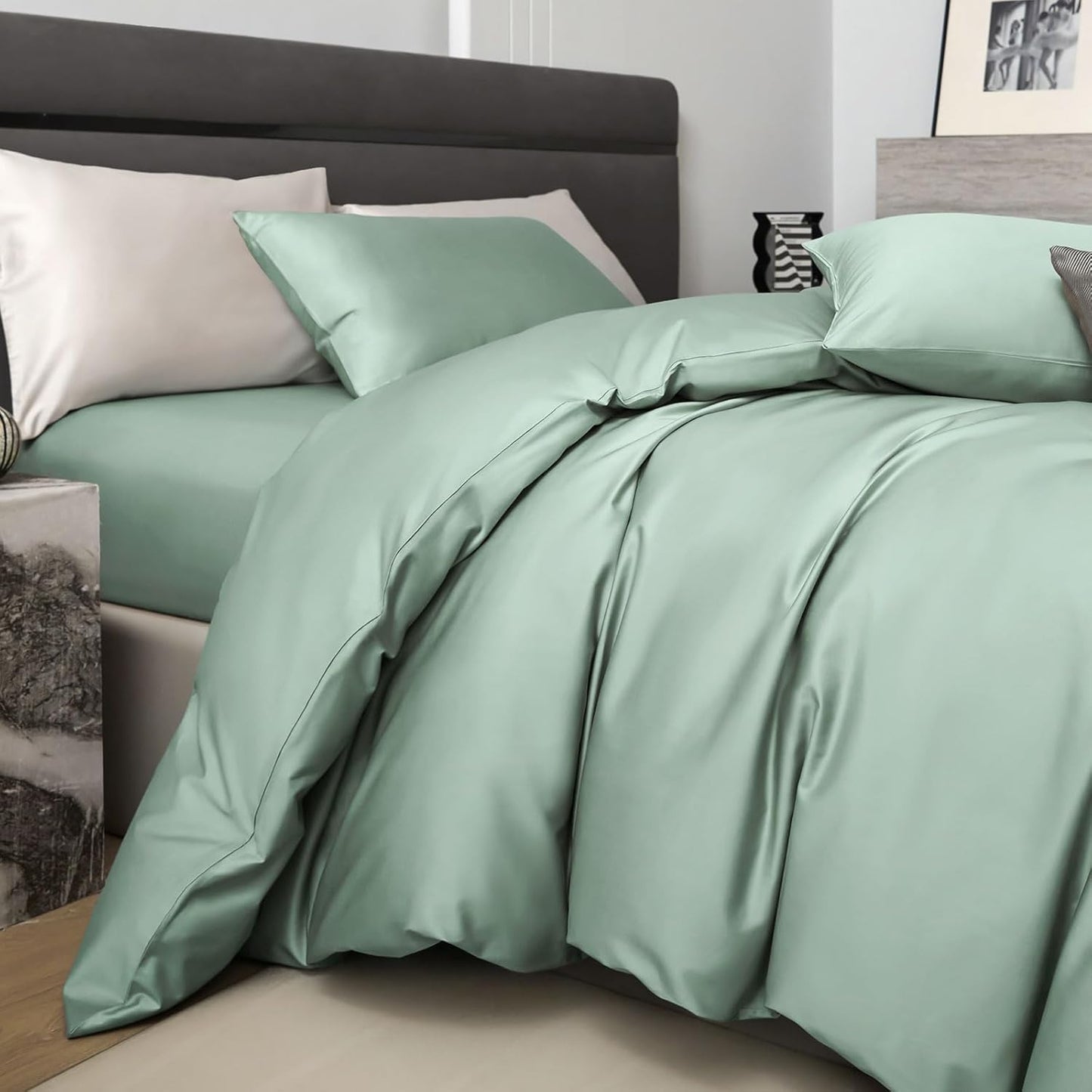 PURE ERA Duvet Cover Set 800 Thread Count Long Staple Cotton Sateen Silky Soft Luxurious Smooth 3 Piece Set Light Sage Green Queen