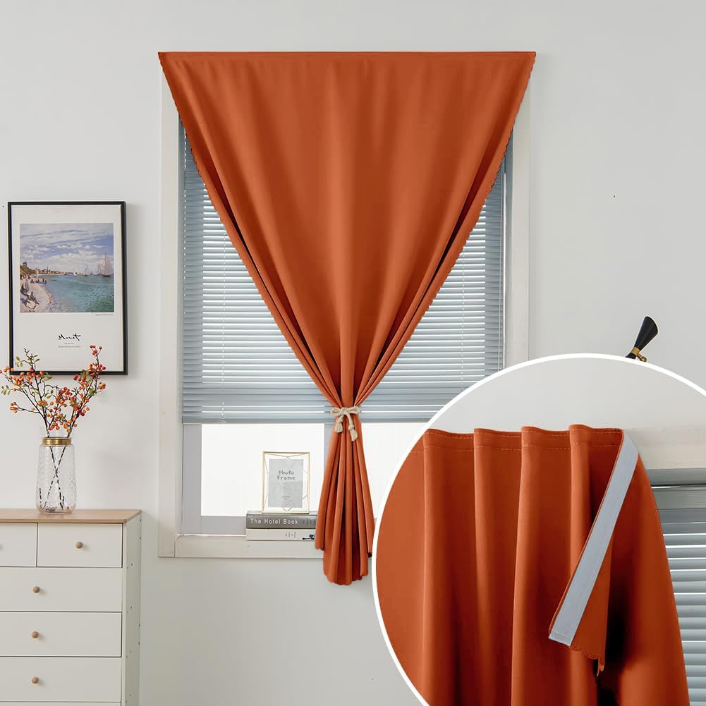 Self Adhesive Curtains Portable Blackout Curtain Simple and Easy to Install Bedroom Window Thermal Lnsulated Kitchen Room Darkening Black Small Drapes, 47" W X 96" L, Orange, 1 Panel