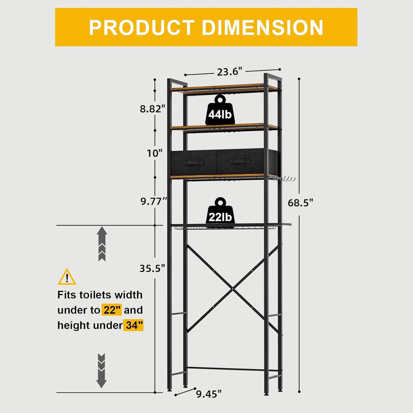 4-Tier Over Toilet Bathroom Organizer with 2 Drawers, Wooden Over Toilet Storage with Adjustable Shelf, Paper Holder, Hooks, 23.6" W Freestanding Bathroom Shelves Over Toilet Space Saver