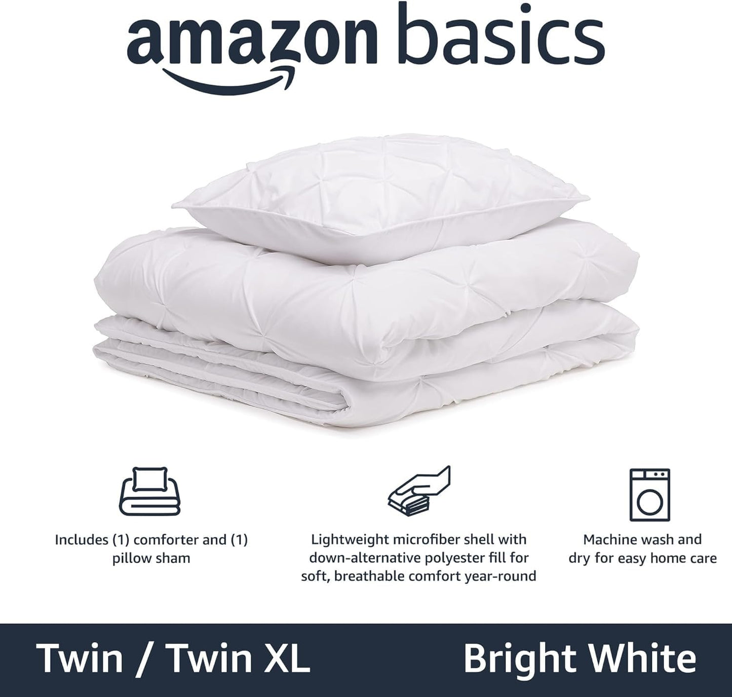 Amazon Basics Soft, Lightweight Twin Size Comforter Sets, All-Season Down-Alternative 2-Piece Bedding Set, Pinch Pleat Design, Twin/TwinXL Size, Bright White