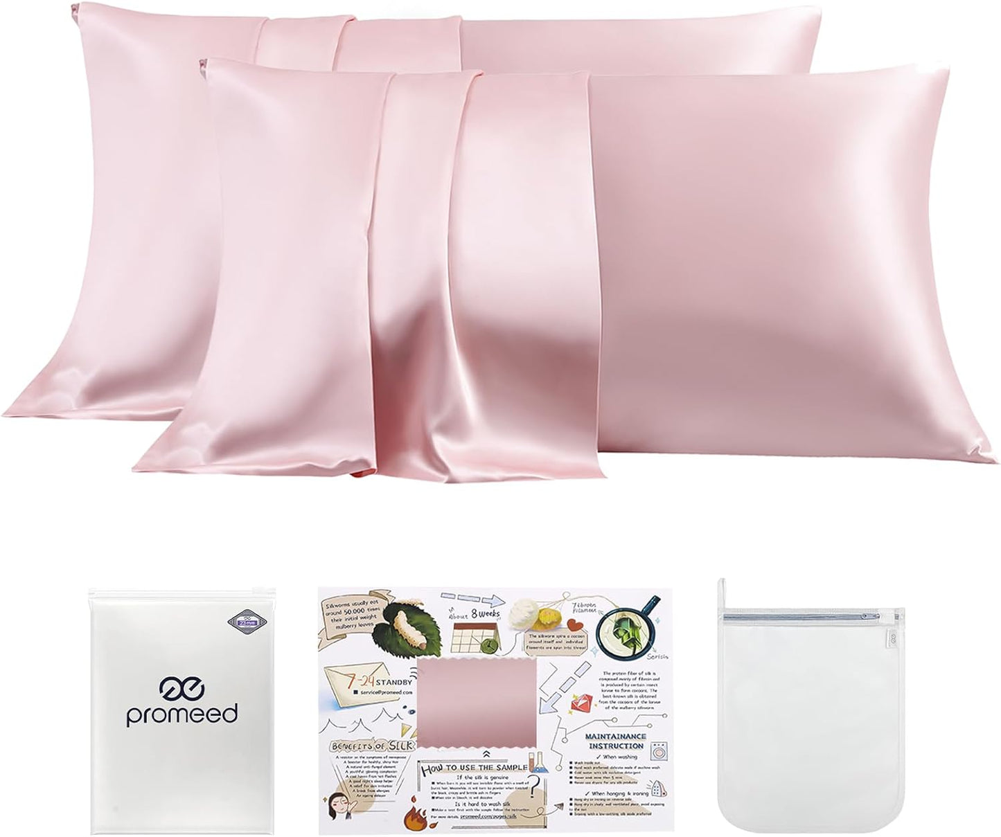 PROMEED 23 Momme Silk Toddler Pillowcase 2 Pack with Free Laundry Bag, Natural Highest Grade 6A+ 100% Mulberry Silk Pillow Case Set of 2, Zipper (Toddler/Travel 13"x18", Pink)