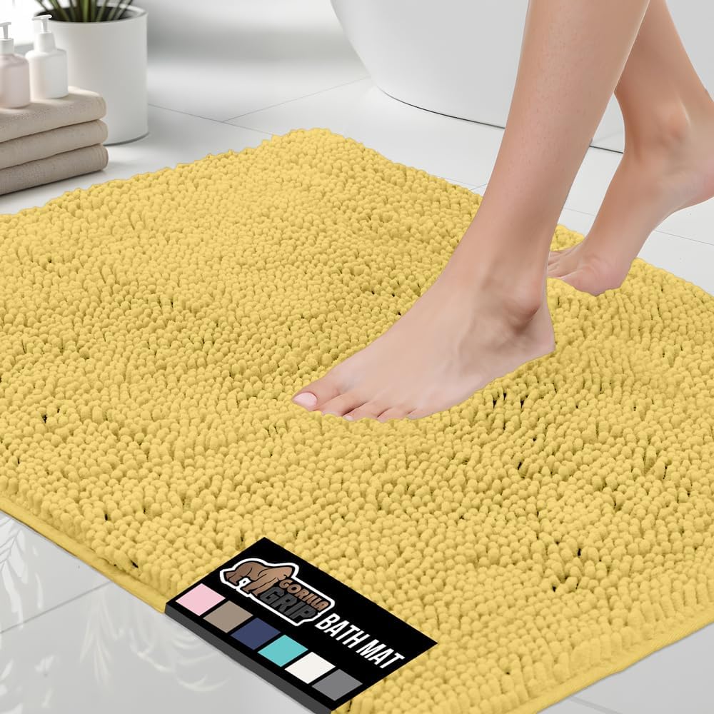 GORILLA GRIP Bath Rug Mat 36x24, Thick Soft Absorbent Chenille, Quick Dry Microfiber Mats, Rubber Backing Washable Shower Floor Rugs, Bathmat Runner, US Designed Bathroom Home Decor Accessories Yellow