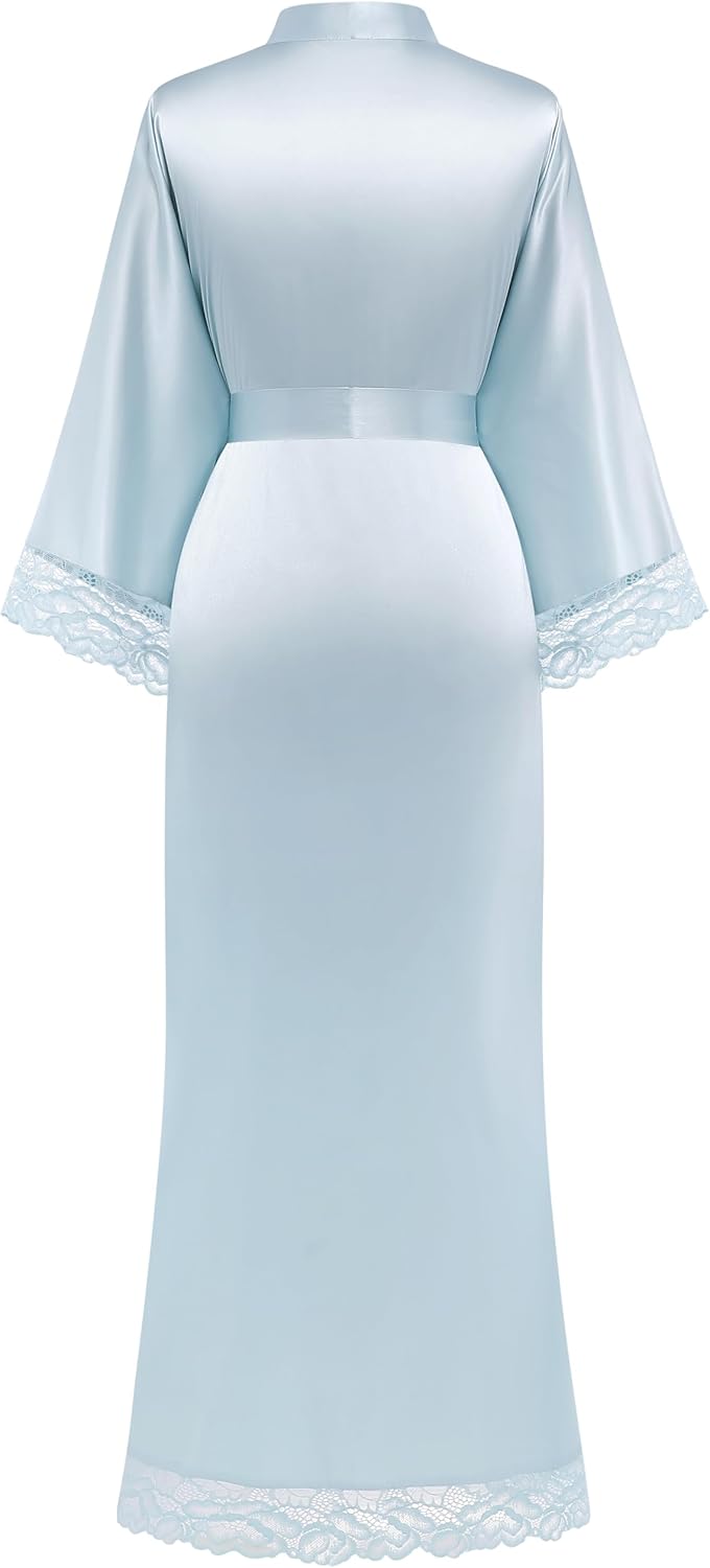 BABEYOND Satin Kimono Robe Silky Long Bridesmaid Wedding Lightweight Bath Robe with Lace Trim