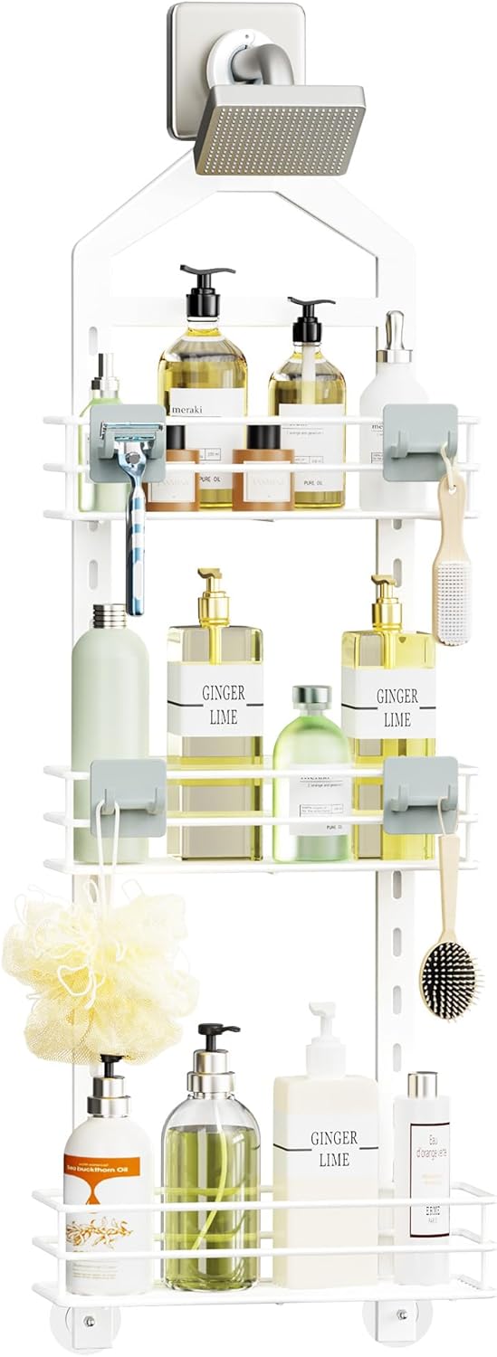 Orimade Adjustable Anti-slip Shower Caddy over Head, Rustproof Bathroom Hanging Shower Organizer with 2 Hooks for Razor, No Drilling Shower Shelves Storage Rack 3 Tier, White