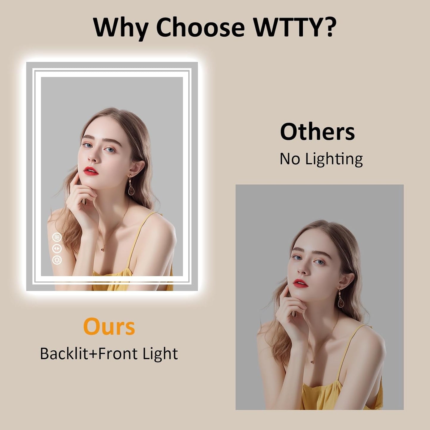 WTTY LED Bathroom Mirror 32x24 Inch, Front Light and Backlit LED Mirror for Bathroom, Lighted Vanity Mirror for Wall, Stepless Dimmable, Anti-Fog, Shatter-Proof, Memory, Double LED Vanity Mirror