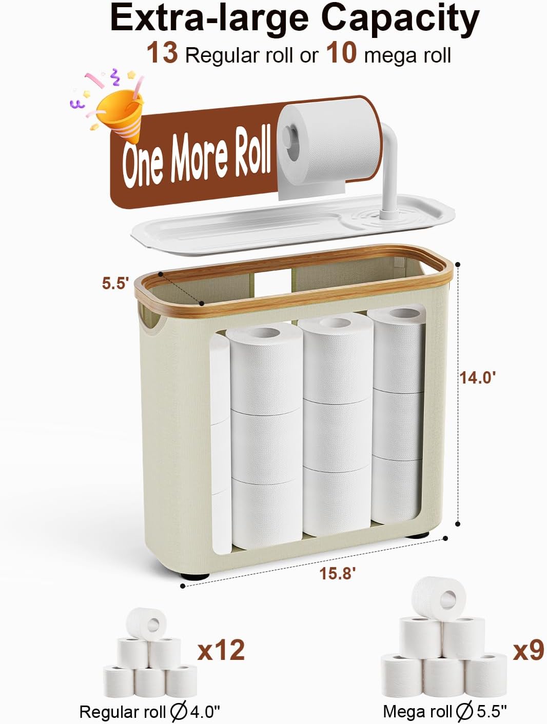 Toilet Paper Storage Basket Holder Holds 9-12 +1 Rolls Elegant Multi-Functional Bathroom Toilet Paper Holder Stand Storage Organizer Waterproof with Tray Hold Phone Wet Wipes Beige