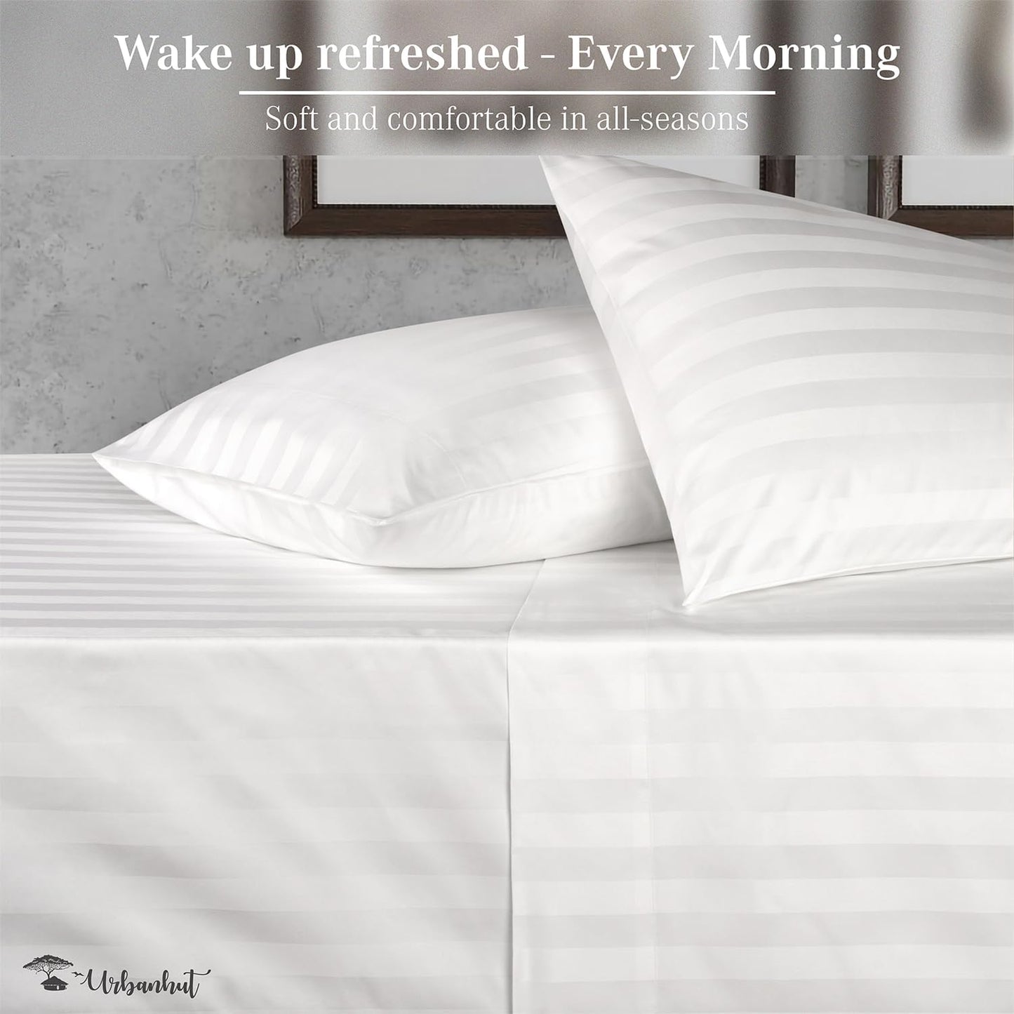 URBANHUT 1000 Thread Count Egyptian Cotton Sheets Damask Striped Full Size, Long Staple Soft & Breathable, 4 Pc Bed Sheet Sets, Luxury Hotel Sateen Sheets Fits 16" Deep Pocket - White