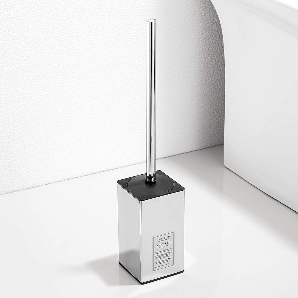 Freestanding Toilet Brush Holder for bathrooms 304 Stainless Steel Toilet Brush Stand Square Storage and Organization Rust Resistant 17-inch high Polished Chrome Finished