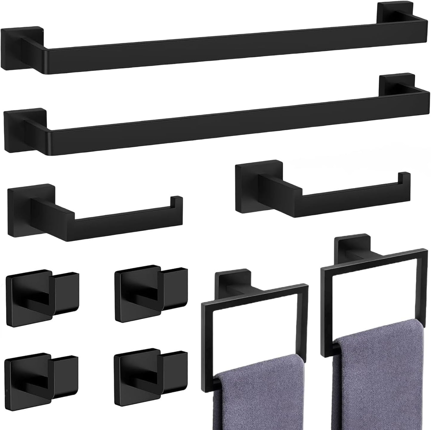 10-Pieces Matte Black Bathroom Accessories Set, Stainless Steel Bathroom Hardware Set, Towel Racks for Bathroom Wall Mounted 24 Inch Bath Towel Bar Set.
