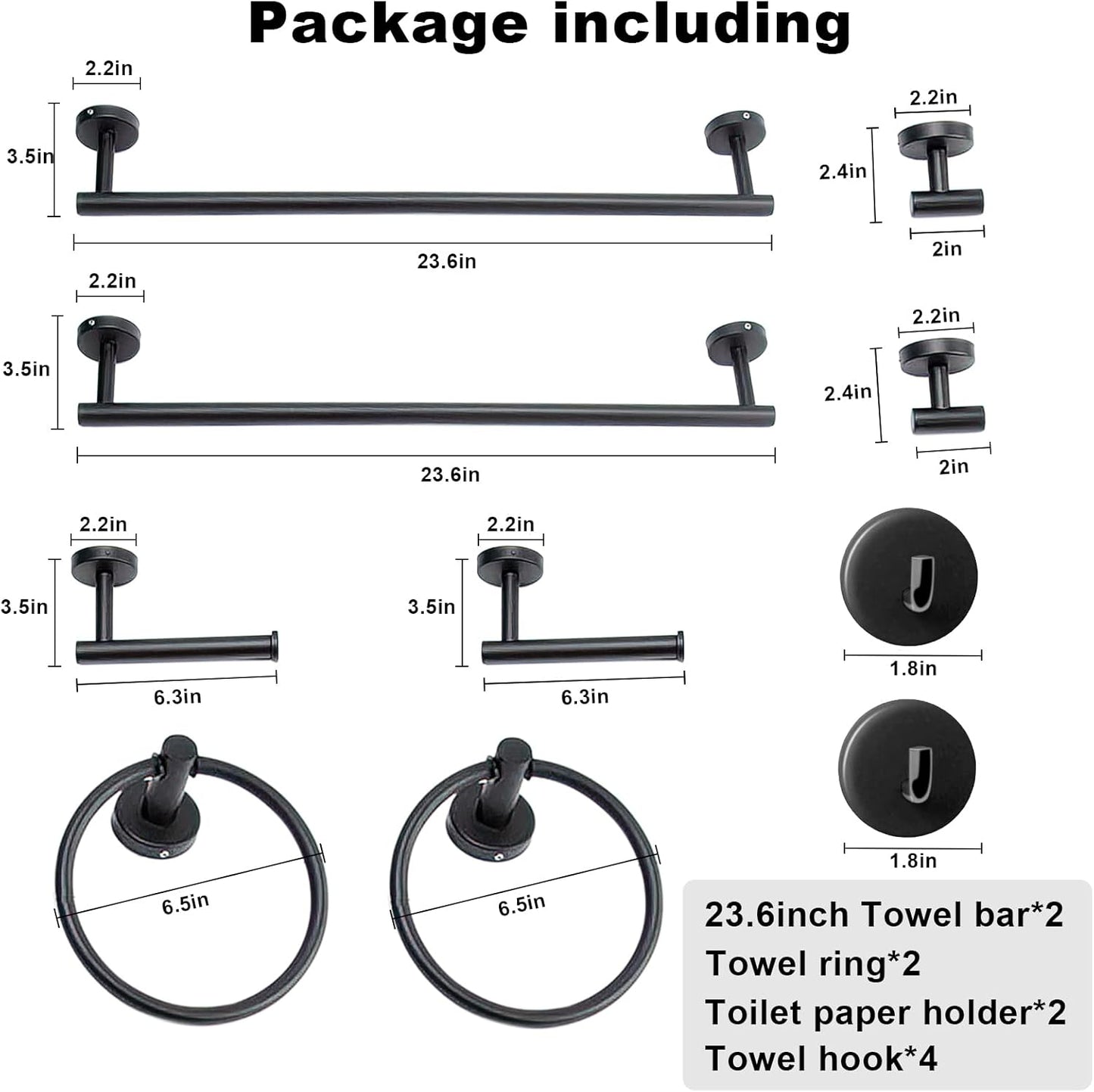 8 Pieces Bathroom Towel Rack Set, Includes 2PCS 23.6 inch Towel bar, 2PCS Towel Hook, 2 PCS Towel Ring, 2PCS Toilet Paper Holder-Matte Black Bathroom Accessories Sets