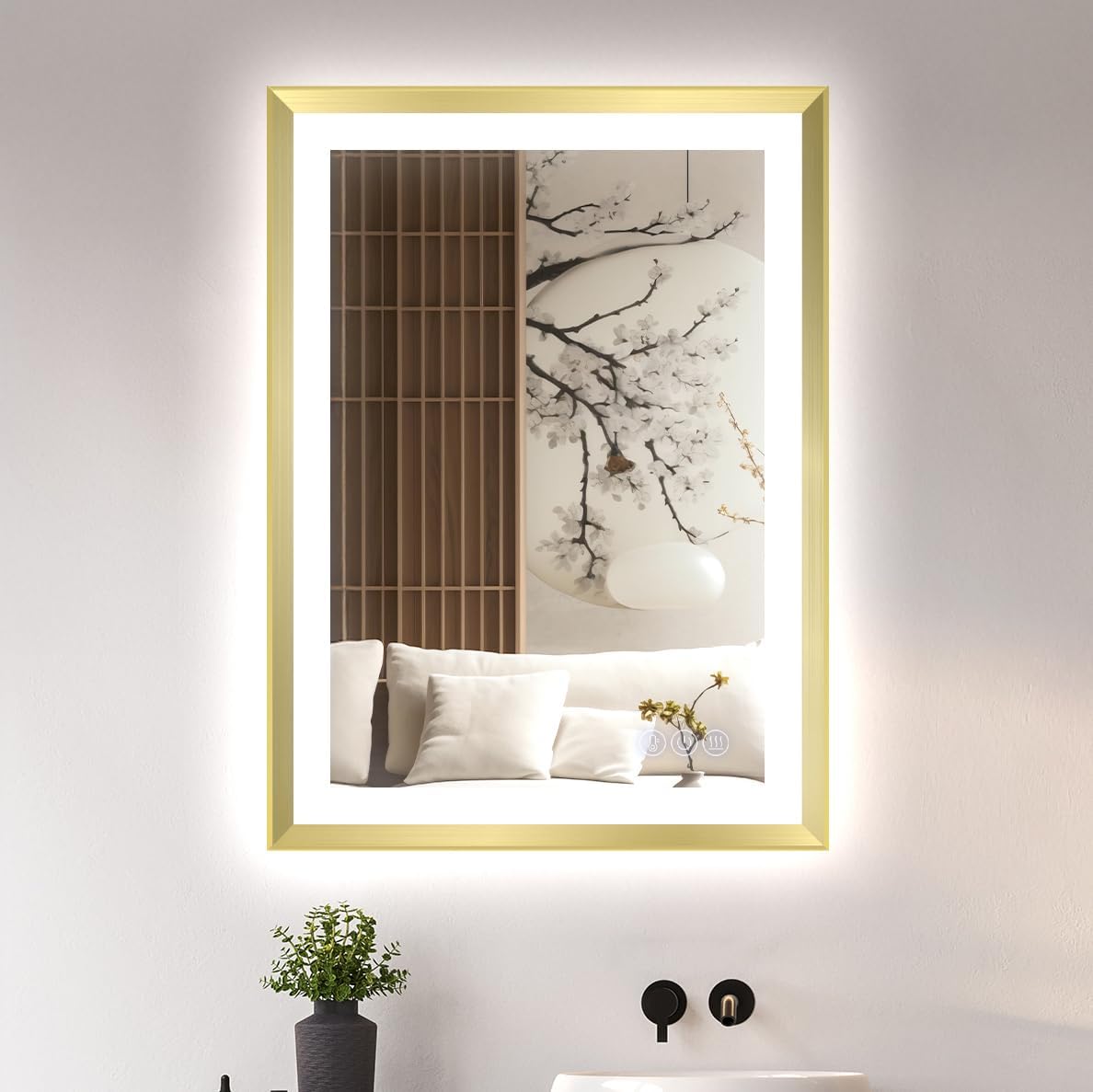 24 X 32 Gold Bathroom LED Mirror – Frontlit & Backlit Vanity Mirror with Antifog & Shatter Proof Tempered Glass, Aluminium Frame Bathroom Mirror, Comes with 3 Colour Lights Option