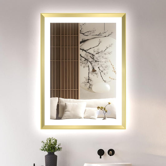 24 X 32 Gold Bathroom LED Mirror – Frontlit & Backlit Vanity Mirror with Antifog & Shatter Proof Tempered Glass, Aluminium Frame Bathroom Mirror, Comes with 3 Colour Lights Option