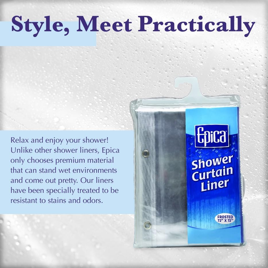 Epica Shower Curtain – Strongest Heavy-Duty Clear Vinyl 72x72 Shower Curtain Liner – Stain & Soap Scum Resistant with Rust-Proof Metal Grommets (Frosted)