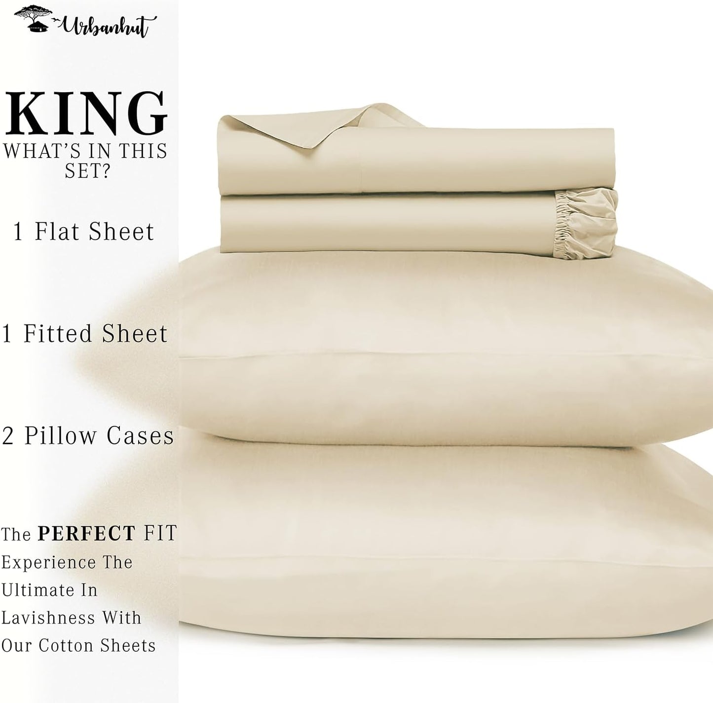 URBANHUT 700 Thread Count King Sheet Set Egyptian Cotton Sheets, 4Pc Sheet Set Soft Luxury Bed Sheets for King Size Bed, Sateen Weave Hotel Sheets, 16'' Elasticized Deep Pocket - Ivory