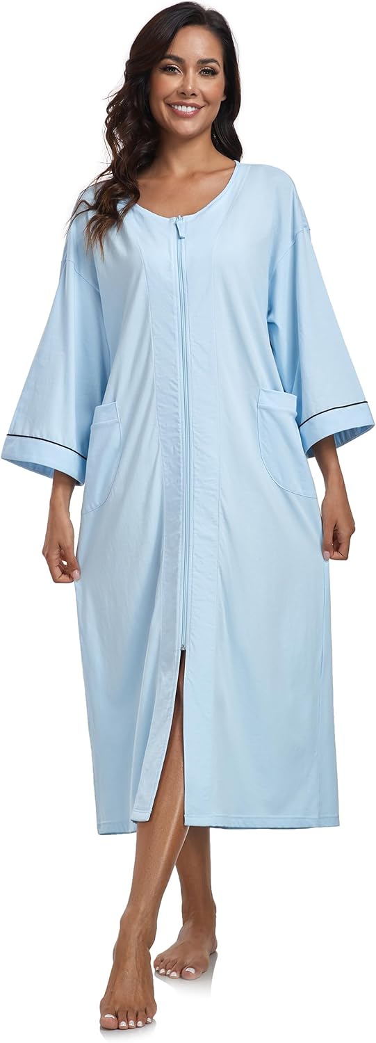 ANLIQI Women's 100% Cotton Robes Long Zipper Front House coats 3/4 Sleeve Bathrobes Lightweight Full Length Robe with Pockets