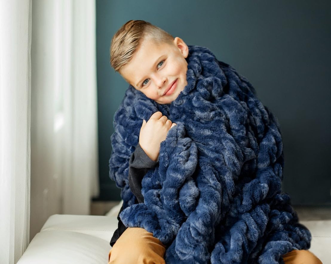Minky Couture Hugs Blanket - Extra Plush Blanket for Premium Gifting - Stretchy Bubbled Cozy Throw - Silky Smooth - Durable & Machine-Washable - Travel-Friendly - Adult, Navy