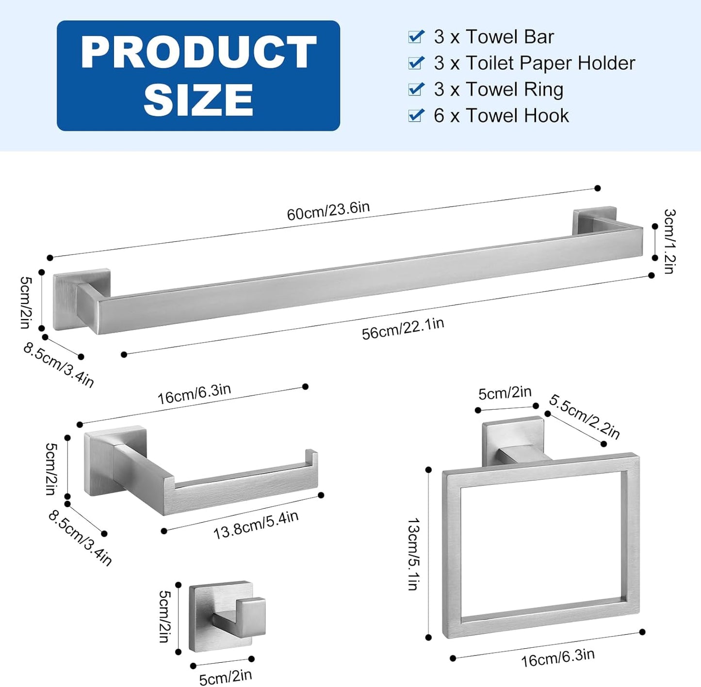 Cilee 15-Pieces Bathroom Hardware Set - Brushed Nickel Bathroom Accessories, 24 Inch Towel Bar, Square Towel Ring, Toilet Paper Holder, Towel Hook, Wall-Mounted Stainless Steel Towel Bar Rack Set