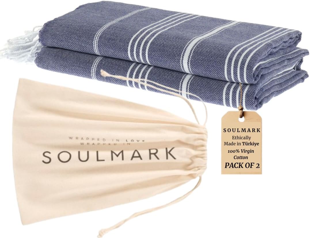 SOULMARK 100% Cotton Turkish Beach Towel with Bag - 38"x71" - 2 Pack - Made in Green & Oeko TEX Certified - Pre-Washed & Sand Free - Quick Dry and Lightweight for Travel - Made in Turkey - Navy Blue