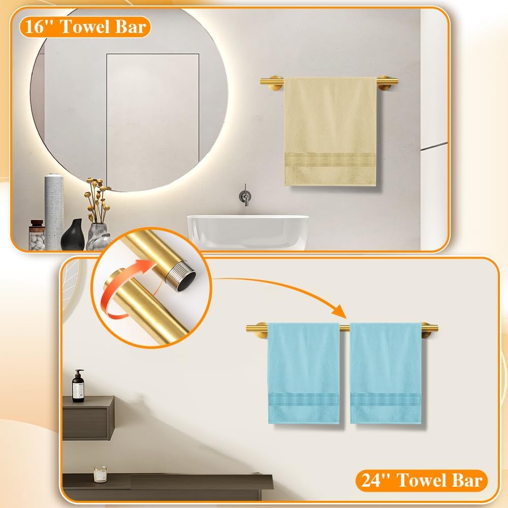 Gold 8-Piece Bathroom Hardware Set Stainless Steel, 24in and 16in Towel Bars Set Wall Mounted Bathroom Accessories