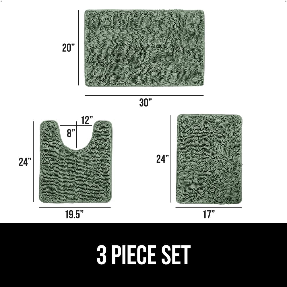 GORILLA GRIP Bathroom Rug Sets 3 Piece, Bath Mat Set and Oval Toilet Base with Rubber Backing, Plush Absorbent Shaggy Chenille Washable Mats, Includes 24x19.5, 24x17 and 30x20 Inch Rugs, Sage