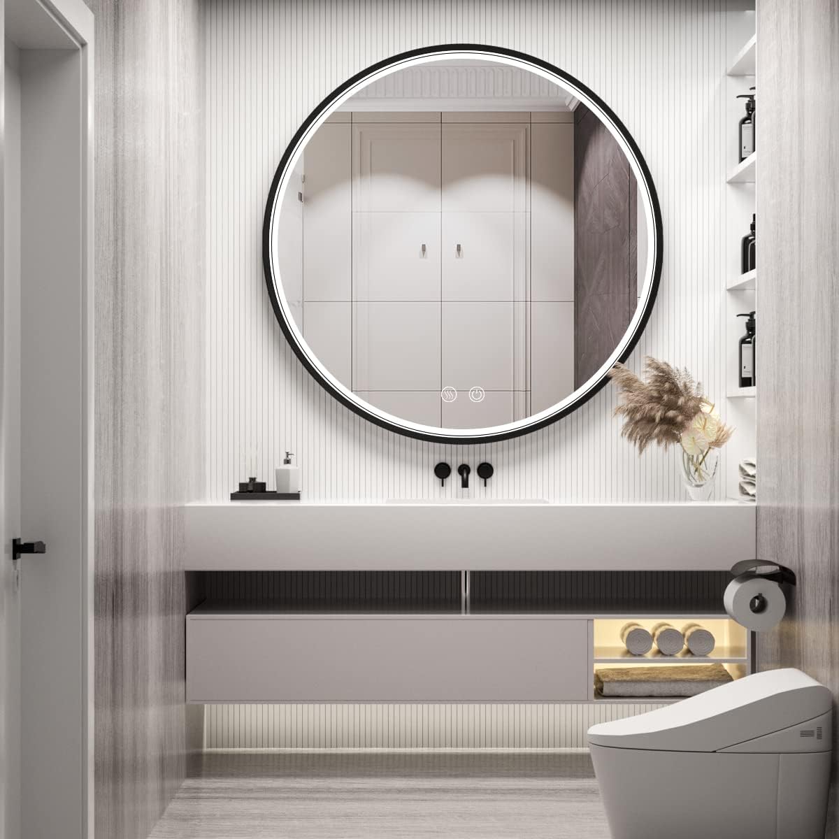 40" Round LED Bathroom Mirror, Dimmable Anti-Fog Vanity Mirror with Touch Control, 6000K Natural Light, Black Metal Frame, Wall Mounted for Makeup Shaving (IP54, 90+ CRI)