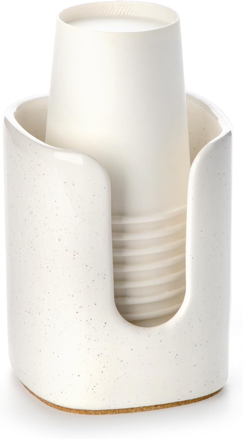 5 oz Square Ceramic Bathroom Cup Dispenser for Kids and Pregnancy - Disposable Paper Cup Holder for Mouthwash Cups on Bathroom Vanity Countertop (1 Pack, Off- White)