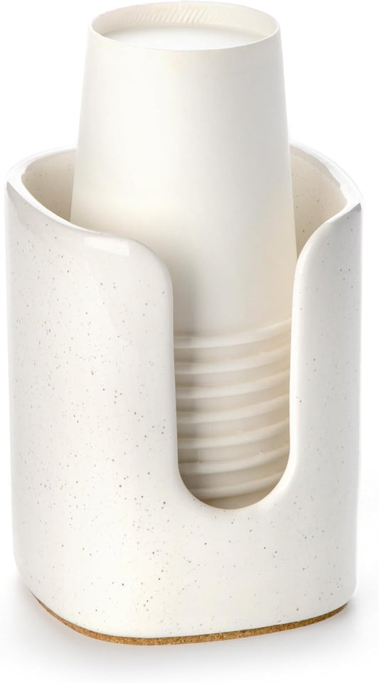 5 oz Square Ceramic Bathroom Cup Dispenser for Kids and Pregnancy - Disposable Paper Cup Holder for Mouthwash Cups on Bathroom Vanity Countertop (1 Pack, Off- White)