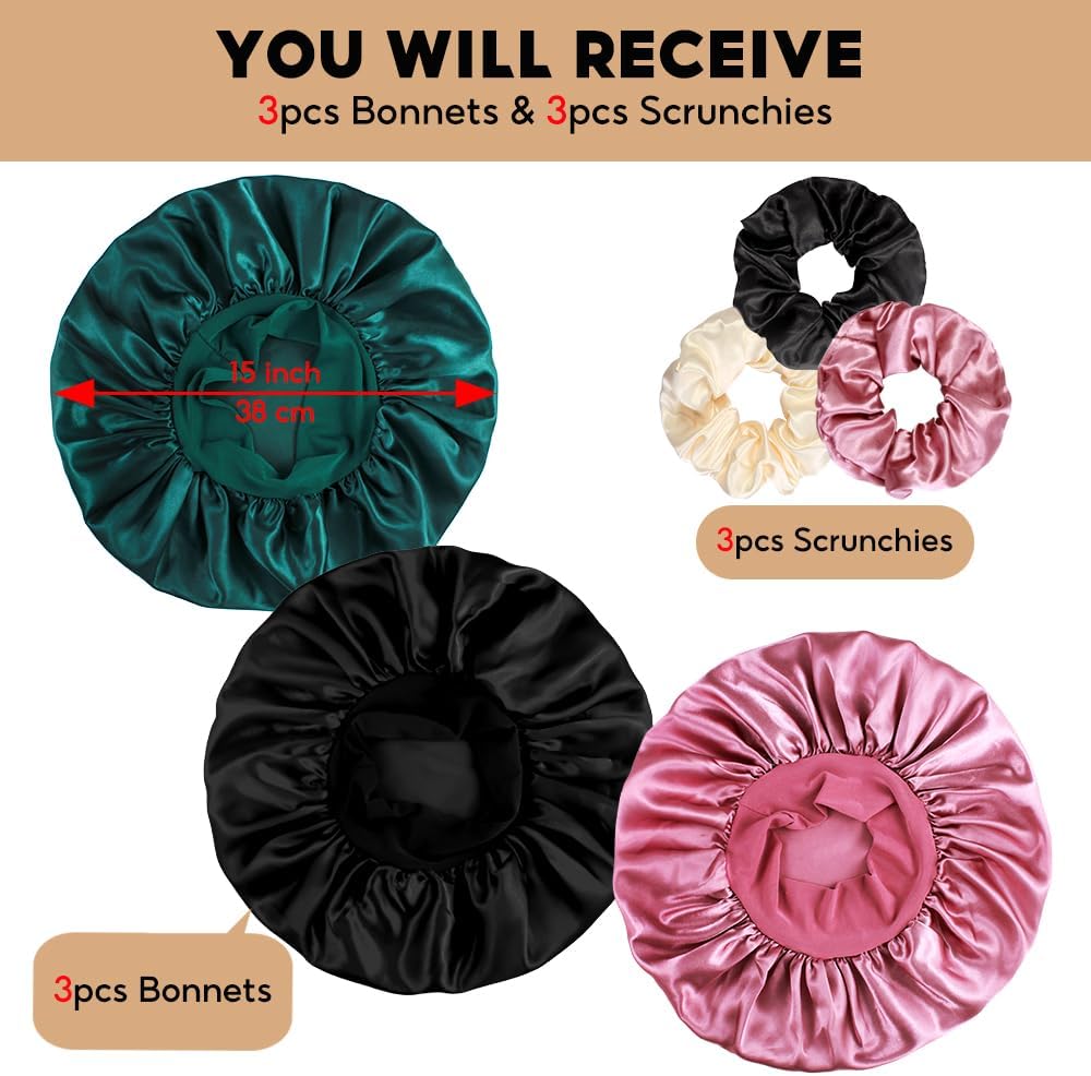 3+3 Large Satin Bonnets with Scrunchies for Women, Wide Band Hair Bonnet for Sleeping Braids Curly Hair