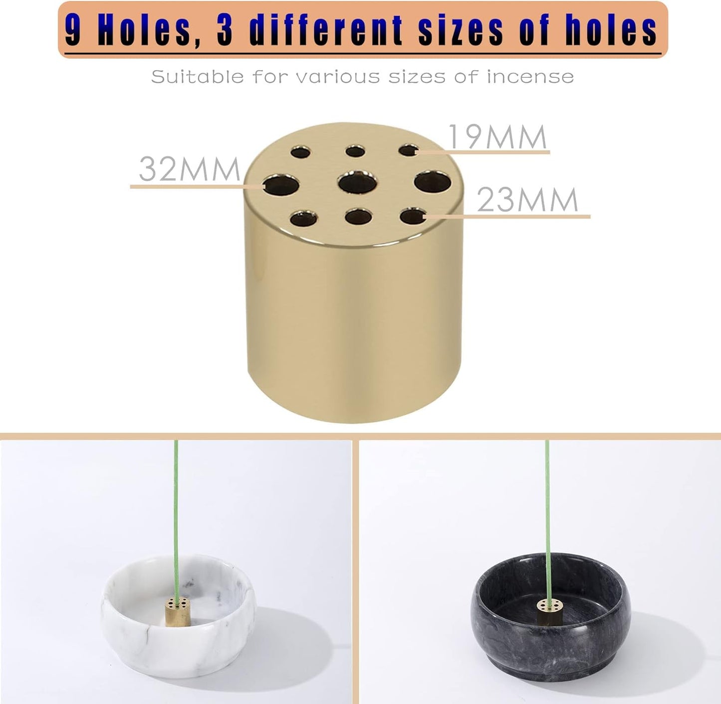 Incense Holder, Incense Burner ash Catcher with Brass 9 Holes Incense Stick Holder for Home Decor Yoga Spa Madiation (Natural Black Marble) Birthday Gifts for Women