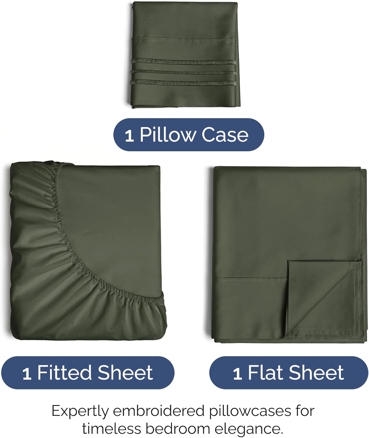 Twin Size 3 Piece Sheet Set - Extra Soft, Breathable & Cooling - Hotel Luxury Durable Bed Sheets for Women & Men - Deep Pockets, Easy-Fit & Wrinkle-Free - Dark Olive Grey Oeko-Tex