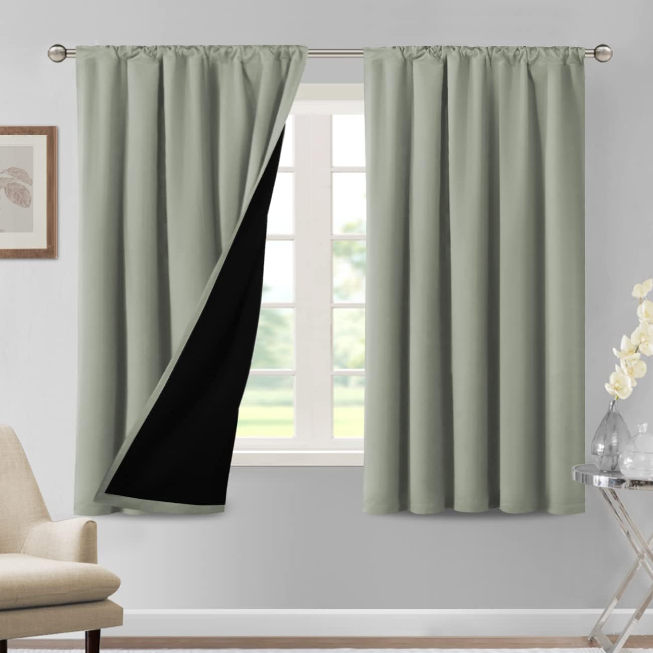 H.VERSAILTEX 100% Blackout Curtains for Bedroom Thermal Insulated Blackout Curtains for Living Room 63 Inches Long Rod Pocket Curtains with Black Liner 2 Panels Set, Light Sage