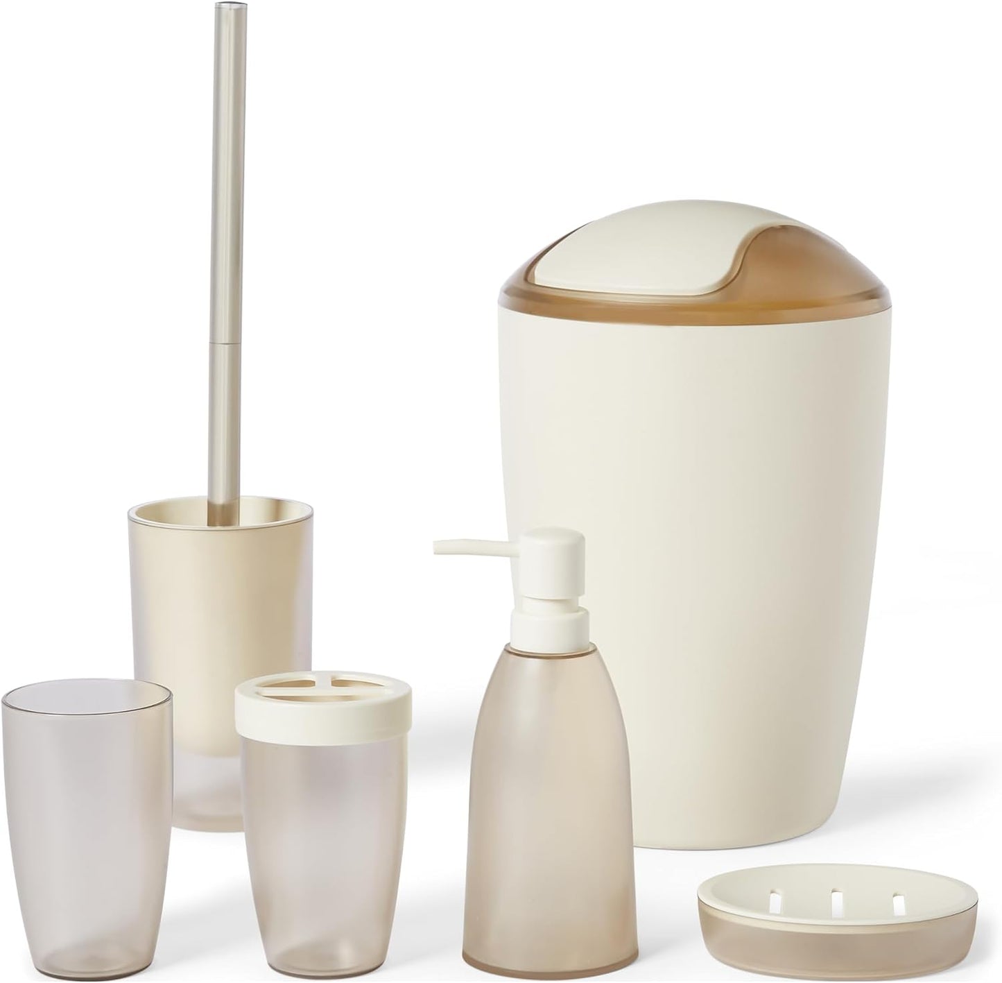 Amazon Basics 6 Pieces Bath Coordinate Set with Toothbrush Holder, Soap Dispenser and Soap Dish, Toothbrush Cup, Trash Can and Toilet Brush & Holder, Ivory
