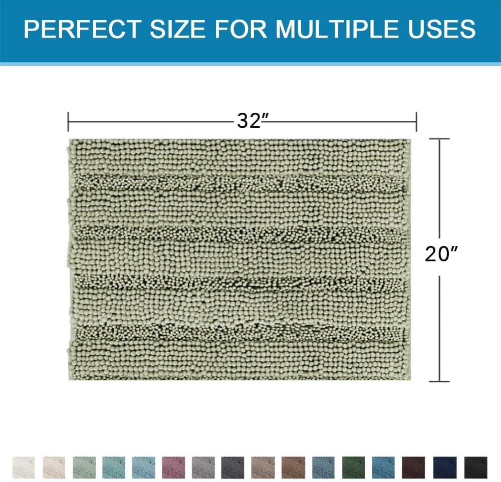 H.VERSAILTEX Bath Mats for Bathroom Non Slip Thick Chenille Striped Bath Rug Absorbent Fluffy Soft Shaggy Rugs Washable Dry Fast Plush Mats for Indoor, Bath Room, Tub - 20" x 32", Eucalyptus Green