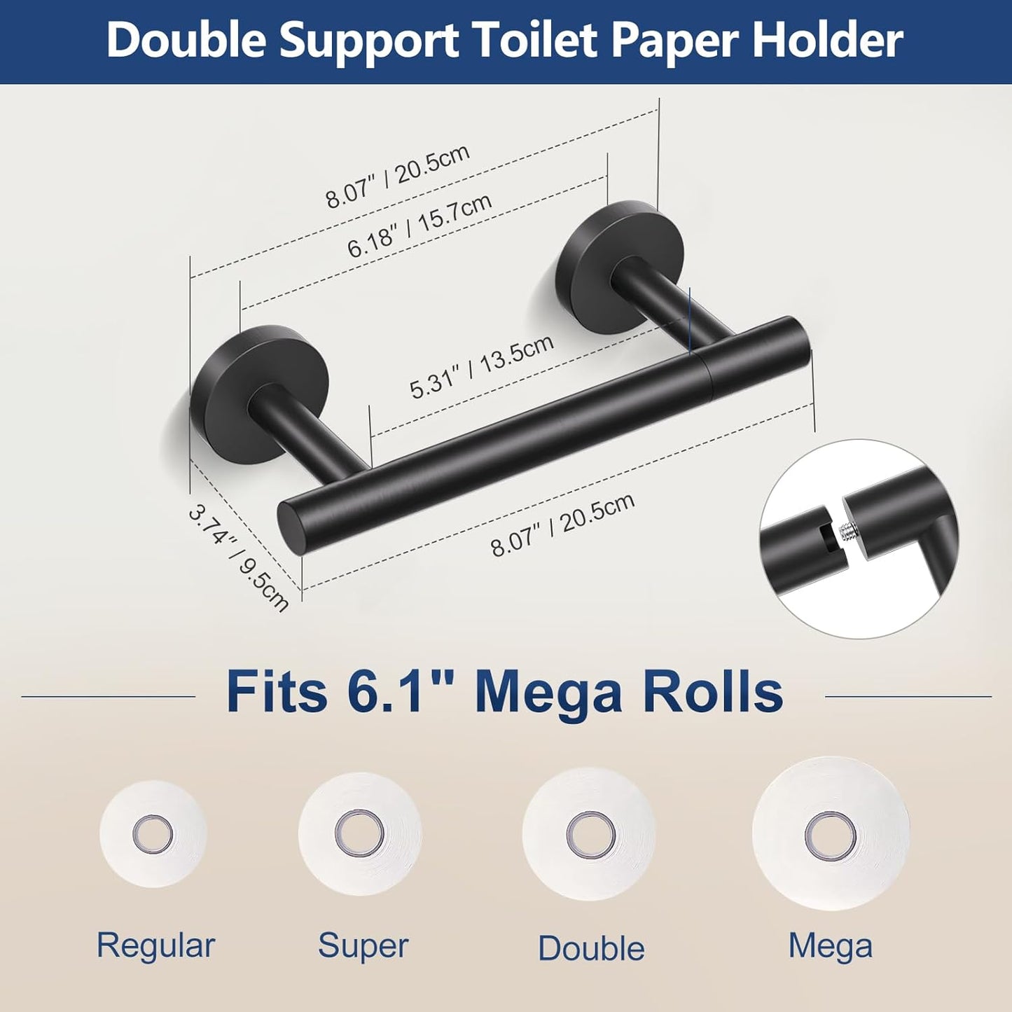 TQKAG Matte Black 5 Piece Bathroom Hardware Accessories Set 23.6" SUS304 Stainless Steel Bathroom Towel Bar Holder Sets Double Post Pivoting Toilet Paper Holder Set Wall Mounted